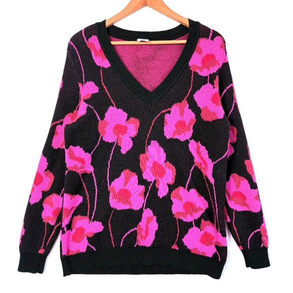 Cabi Rococo Floral Deep V Neck Pullover Sweater Womens M Black Pink Poppy Bloom - Picture 1 of 8